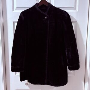 Vintage Black Faux Fur Coat Women's Button Up Puffer Style Made in USA Med